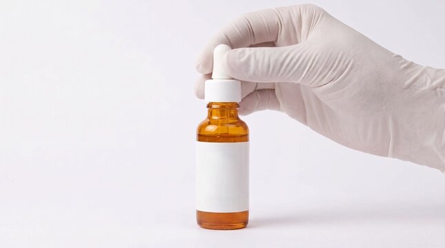 A gloved hand holding an amber glass dropper bottle with a white label against a white background.