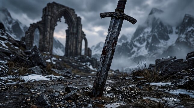 Cinematic fantasy landscape with a rusted ancient sword stuck in frozen rocky ground near old stone ruins and snowy mountains