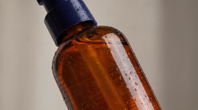 A close-up shot of a wet amber glass bottle with a blue pump dispenser, containing a liquid.