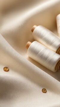 An elegant arrangement of cream-colored fabric with spools of thread and buttons scattered