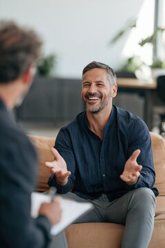 Middle aged man laughing and gesturing while talking with a counselor on a sofa conveying warmth and emotional wellbeing for therapy session background