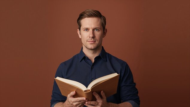 Handsome Young Man Holding an Open Book on Brown Background - Education and Knowledge Concept