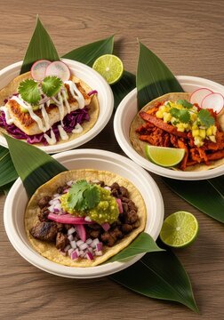 Three street food tacos served in compostable paper bowls on a rustic wooden table with fresh herb garnishes and eco-friendly leaf accents, natural, leaf, street food