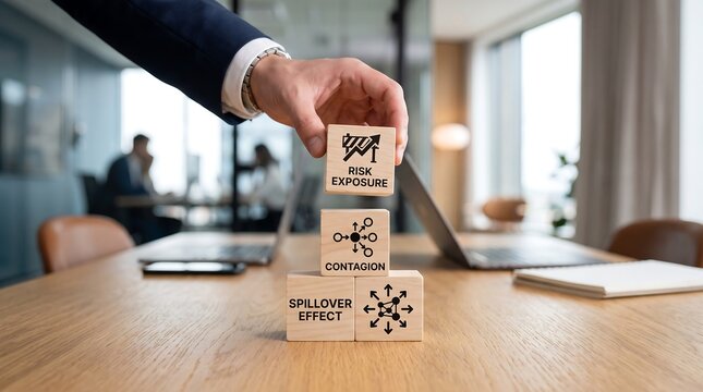 A businessman building a tower with wooden blocks showing concepts of risk exposure contagion and the spillover effect