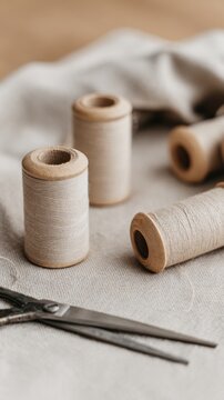 Spools of thread and scissors arranged on a light fabric background in a crafting setting
