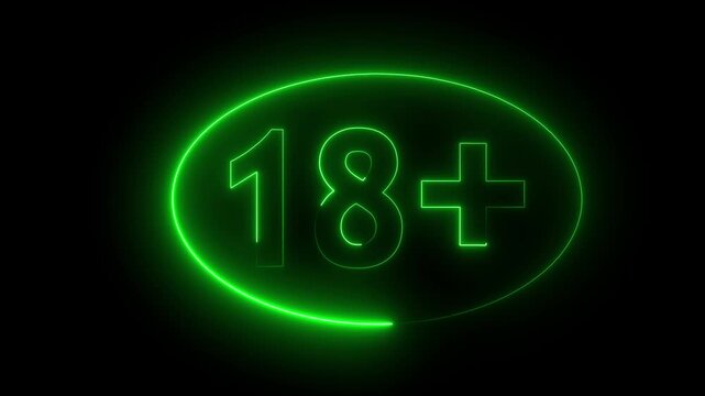 Number eighteen plus in neon style sign animation. Adult content. Under 18 years sign. 4K Video motion graphic animation.