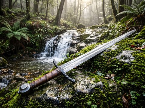 Mysterious fantasy sword lying on green moss near a cascading stream in a dense misty woodland
