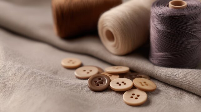 A collection of buttons displayed on soft fabric, surrounded by threads in earthy colors