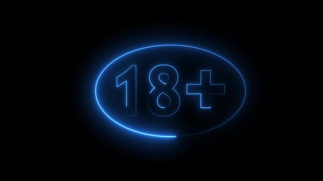 Number eighteen plus in neon style sign animation. Adult content. Under 18 years sign. 4K Video motion graphic animation.