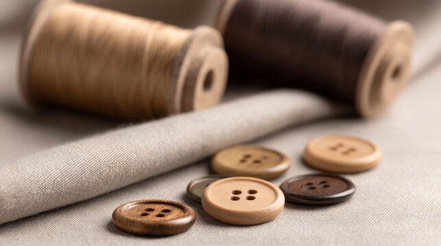 Close-up of various wooden buttons and spools of thread arranged on a fabric surface