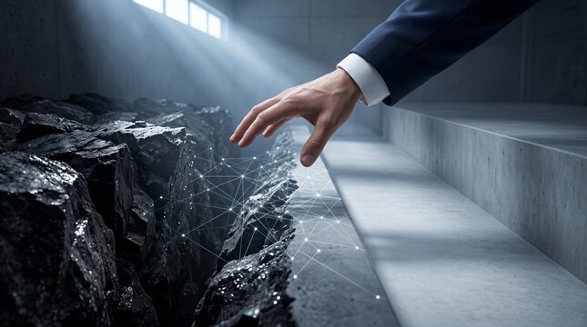 Businessman hand bridging luminous digital network over deep chasm between raw basalt rock and concrete steps, technological connection and cyber security concept   