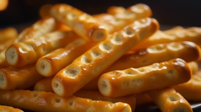 Ultra realistic cinematic footage of cheesy bread sticks close-up, golden and glossy, no people, 4K UHD