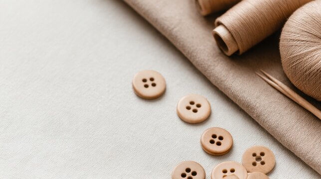 An arrangement of beige sewing buttons, threads, and a needle on a neutral-toned fabric background