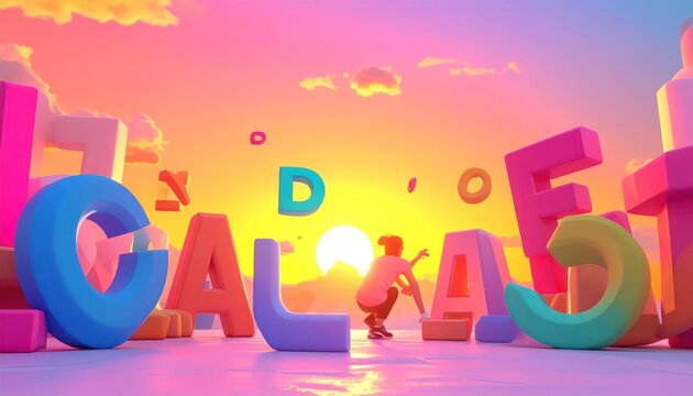 Vibrant colorful alphabet letters at sunset.