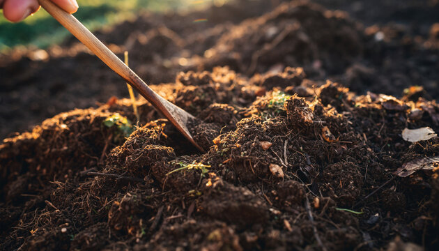 Wooden tool digging into rich organic compost soil in golden light