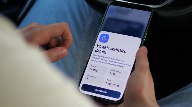 Person reviews weekly productivity statistics on a smartphone, highlighting focus tracking, performance analytics and the growing culture of measurable remote work.