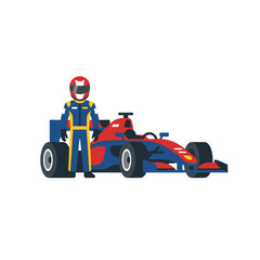Obraz premium Formula 1 Racing Driver Standing Next to Red and Blue Racing Car Vector Illustration