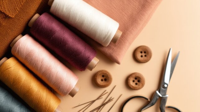 Colorful sewing threads, fabric, buttons, and scissors arranged artistically on a peach background