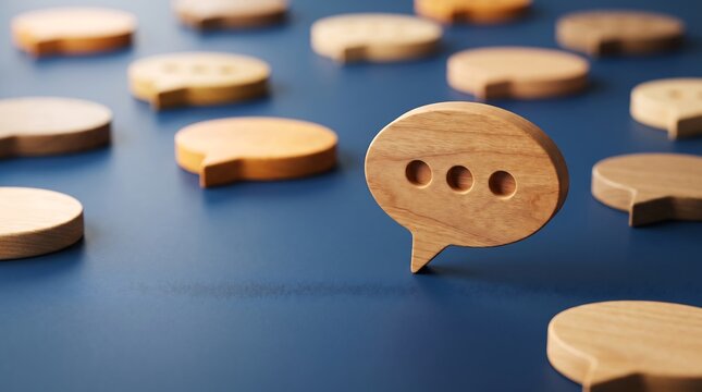 Wooden Speech Bubble Icons on Blue Background for Business Communication Social Media Feedback Chat Support Banner Website Header Digital Concept Art