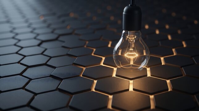 Glowing Light Bulb Over Dark Hexagonal Pattern Background Modern 3D Render For Innovation Technology Idea Concept Creative Business Hero Header