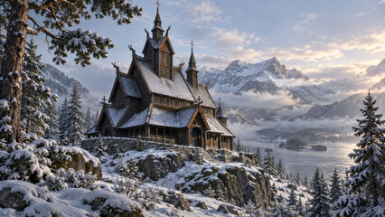Obraz premium Cinematic view: Scandinavian medieval stave church of black weathered timber among pines after fresh snow, cool morning light; Nordic architecture, Scandinavian heritage and 3D rendering