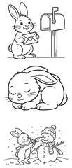 Fototapeta premium Cute Bunny Line Art Set with Mailbox, Sleeping Rabbit, and Snowman for Coloring Page