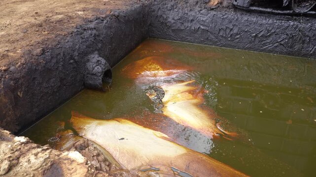 Crude oil flows into an open containment pit at Teksas Wonocolo traditional oil mining field, Bojonegoro, East Java, Indonesia, showing raw petroleum extraction and industrial environmental impact.