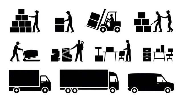 Moving house services, packing, loaders, office moving, freight transportation silhouette asset set line art