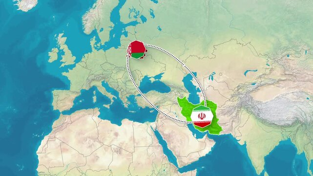 Belarus and Iran Bilateral Relationship Map Animation Footage