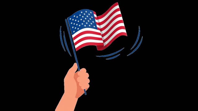 Flat illustration of a hand holding a waving American flag with stars and stripes, isolated on white transparent for patriotic celebrations like Independence Day or Memorial Day.