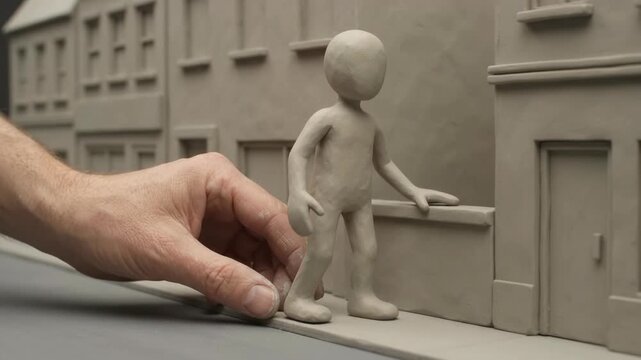 Animator Hand Posing Clay Figure on Miniature Street Set