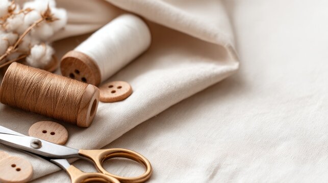 A serene arrangement of cotton, threads, wooden buttons, and scissors on soft fabric surface