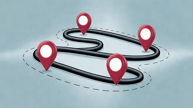 A winding black road path with four red map location pins on a light blue background, representing a travel, route or a, strategic business journey plan