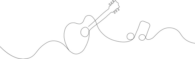 Obraz premium One line drawing acoustic guitar and music notes, vector. Simple linear musical concept for logo, icon, and decoration.