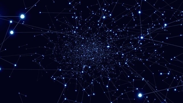 青白い光点と細い線の網目が紺色の空間で左右に蛇行しながら奥へ続く立体的な抽象ネットワークのループ映像