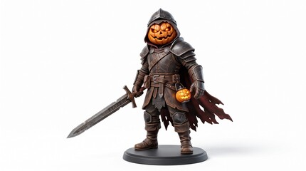 Obraz premium Fantasy Warrior Knight Miniature with Jack O Lantern Head Holding Sword