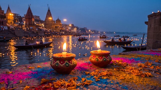 Dev Deepawali celebration in Varanasi with lit clay diyas and colorful rangoli powder near river Ganges at dusk for Indian cultural festival background See Less