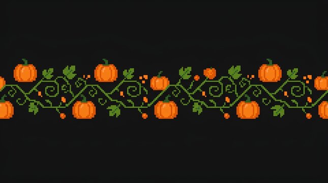 Horizontal pixel art border of pumpkins and green vines on black background.