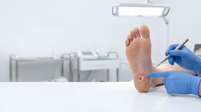 Close-up of a professional podiatrist examining and treating a plantar wart or callus on the heel of a patient's foot in a clean medical clinic environment with sterile equipment and blue gloves