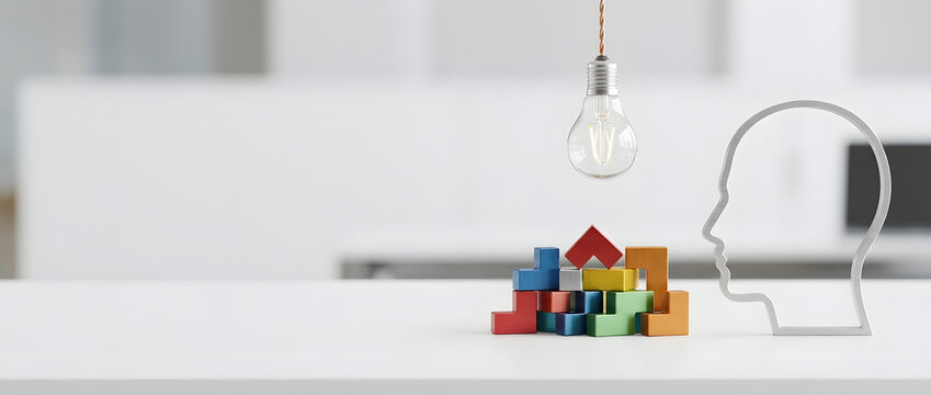 Creative concept of human mind with glowing light bulb and colorful puzzle blocks on white table, symbolizing innovation, problem solving, logic, artificial intelligence, and brainstorming session.