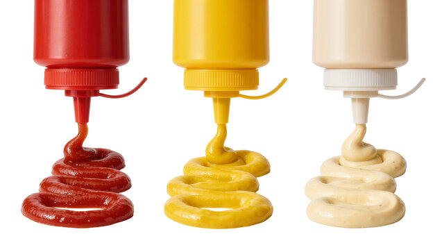 Red ketchup yellow mustard and beige mayonnaise bottles dispensing sauces, isolated on transparent background