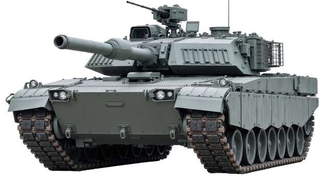 Modern military main battle tank with large cannon and turret, isolated on transparent background