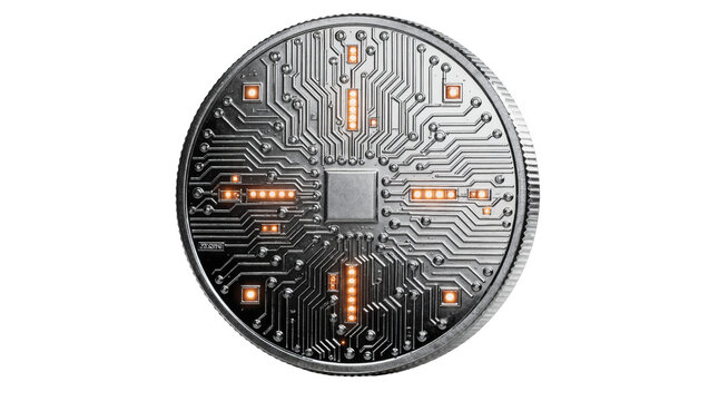 Silver cryptocurrency coin with glowing orange circuit board pattern, isolated on transparent background