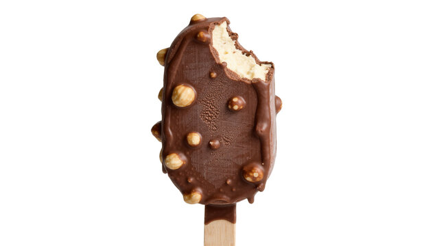 Bitten chocolate ice cream bar with hazelnuts, isolated on transparent background