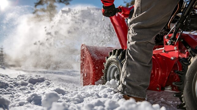 A red snow blower clears deep snow on a bright winter day, operated by a person, isolated on transparent background. Ideal for winter work and property maintenance ads.