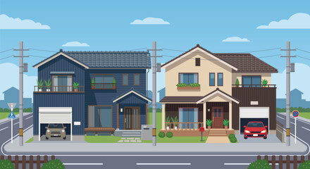 Plakat modern Japanese suburban street two suburban two story residential houses with garages, cars parked inside, utility poles with power lines