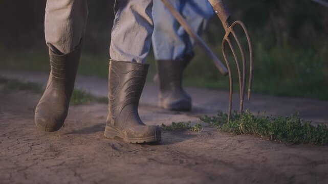 Farmer boots pitchforks road. Two workers in rubber boots walk along a dirt path, using a pitchfork to tend to the ground. The workers, with their boots sinking into the earth, continue their task.