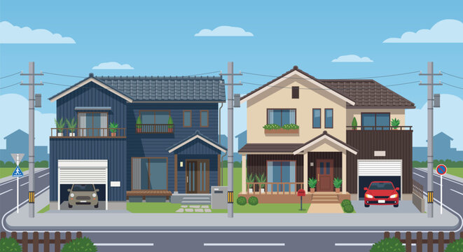 modern Japanese suburban street two suburban two story residential houses with garages, cars parked inside, utility poles with power lines