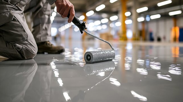 Worker applies epoxy floor coating with a roller in a warehouse isolated on transparent background. Industrial renovation concept.