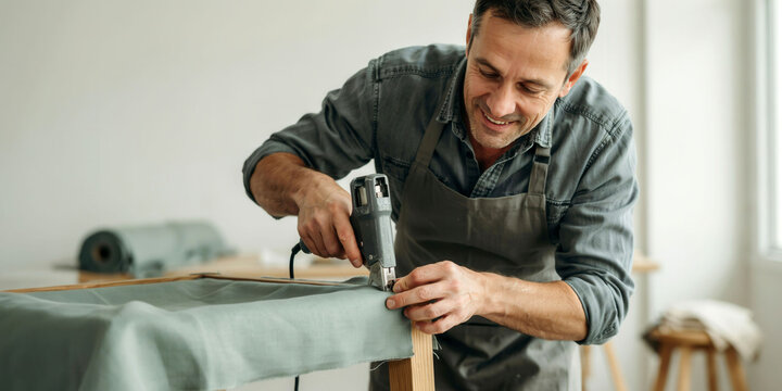 Professional upholsterer using a staple gun to attach fabric to a wooden furniture frame in a workshop